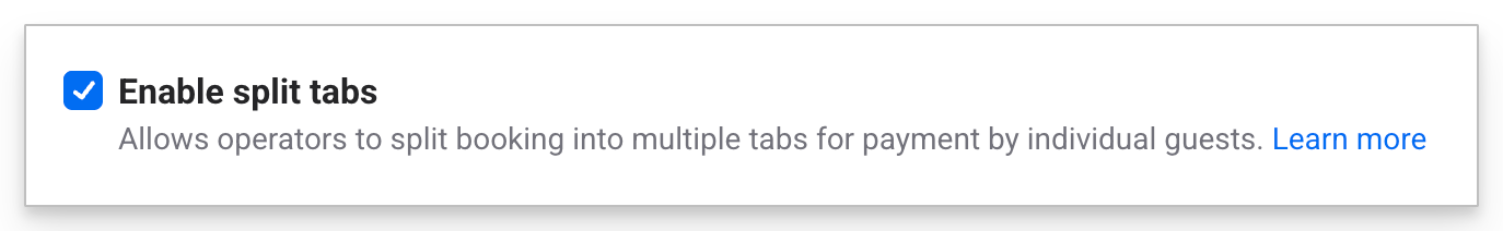 Checkbox for enabling split tabs for individual guest payments in booking system.